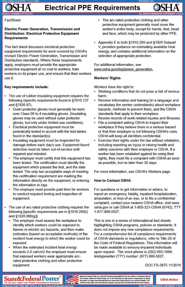 OSHA Electrical PPE Requirements Fact Sheet — State and Federal Poster