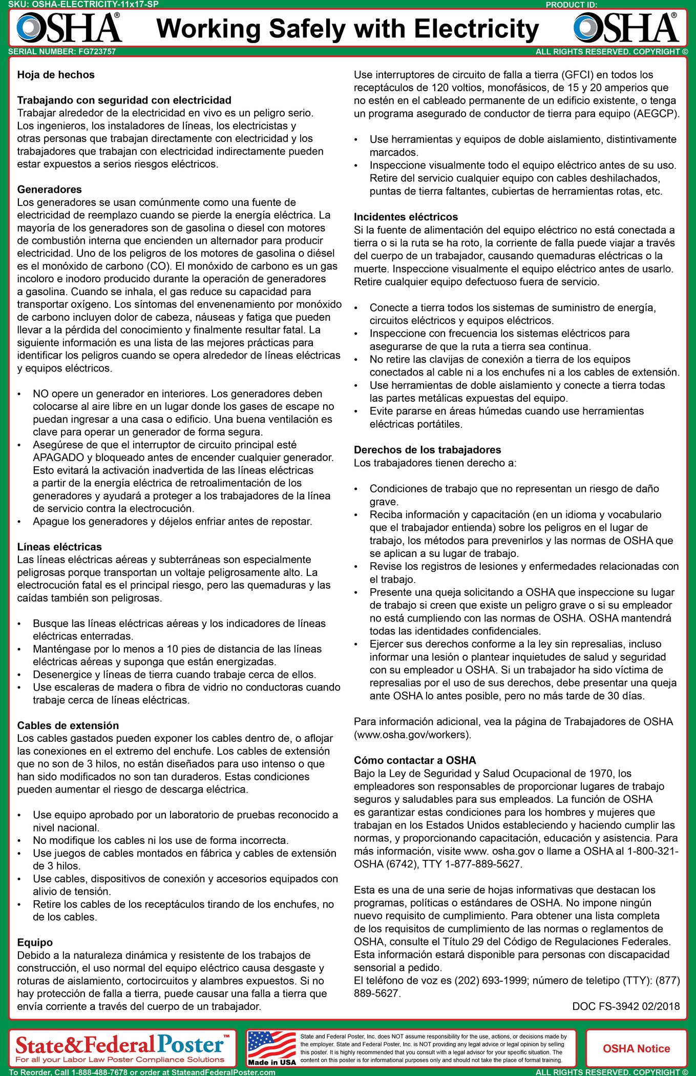 OSHA Electrical Safety Fact Sheet — State and Federal Poster