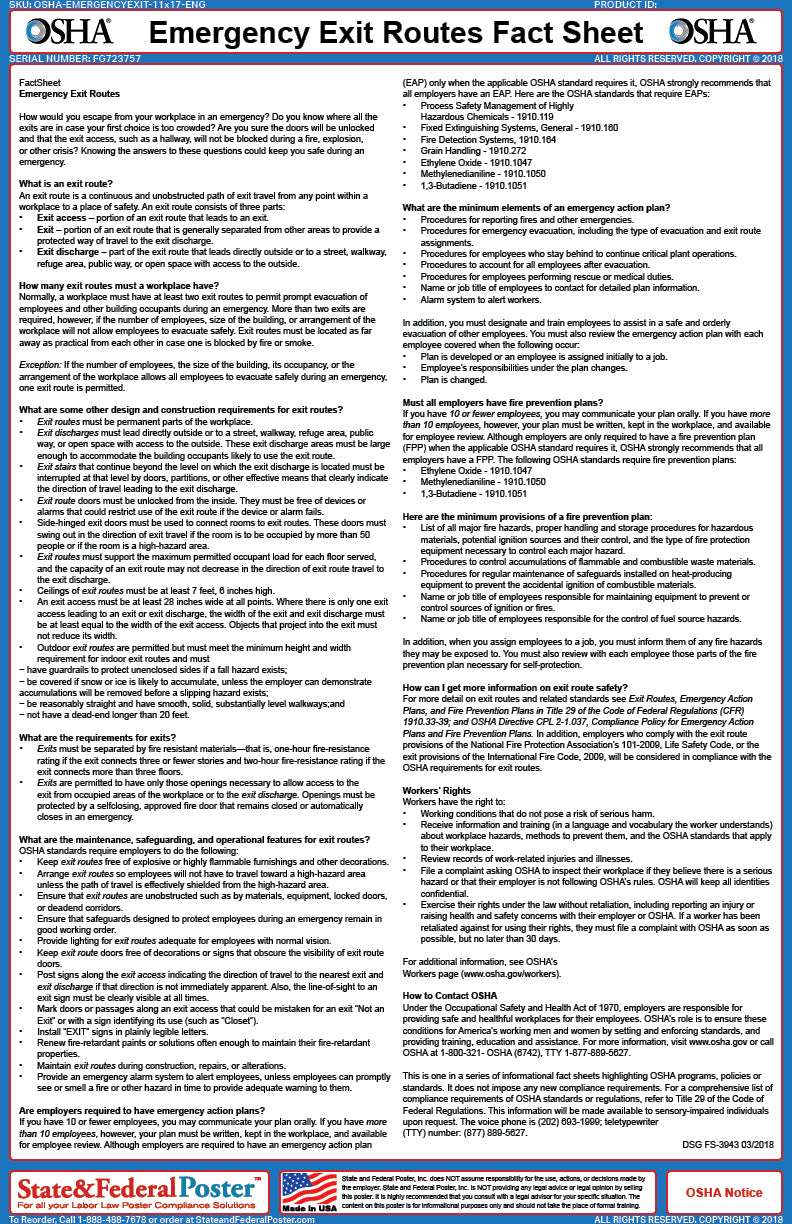 Emergency Exit Routs OSHA Emergency Exit Routes Fact Sheet — State and Federal Poster