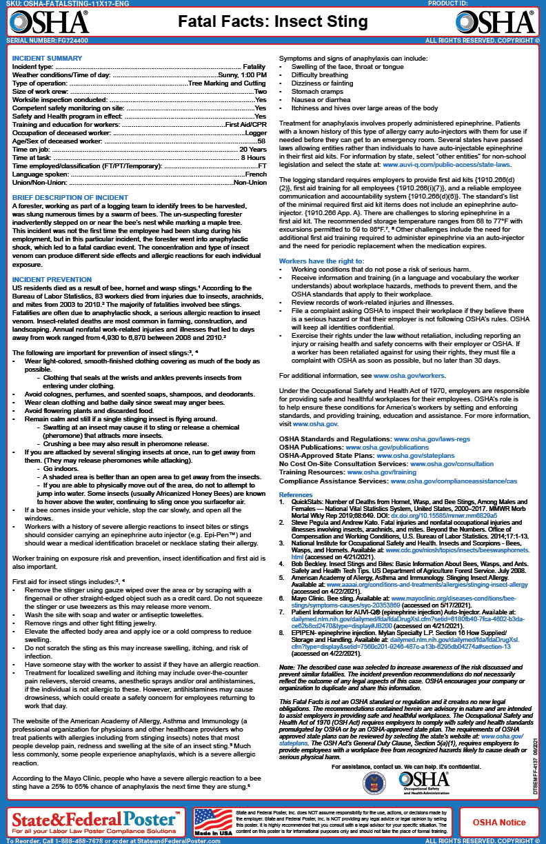 OSHA Fatal Facts: Insect Sting Fact Sheet — State and Federal Poster