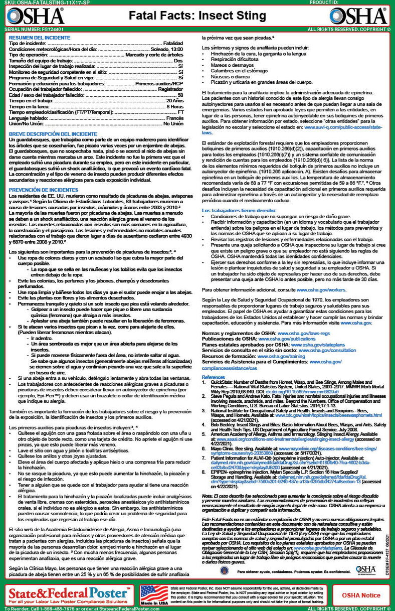 OSHA Fatal Facts: Insect Sting Fact Sheet — State and Federal Poster