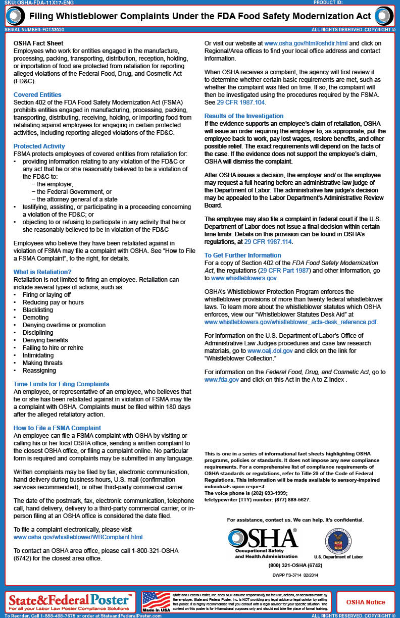 OSHA Filing Whistleblower Complaints Under the FDA Food Safety Moderni