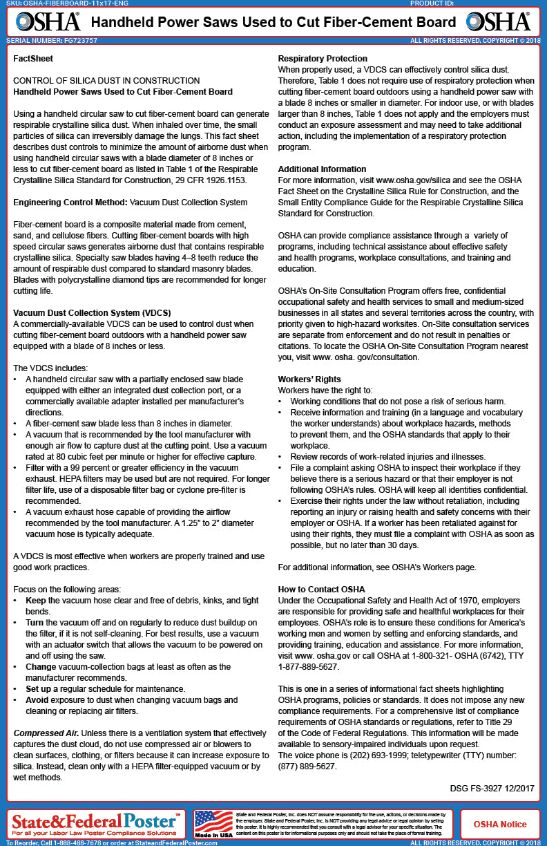 OSHA Handheld Power Saws/ Fiber‑Cement Board Fact Sheet — State and
