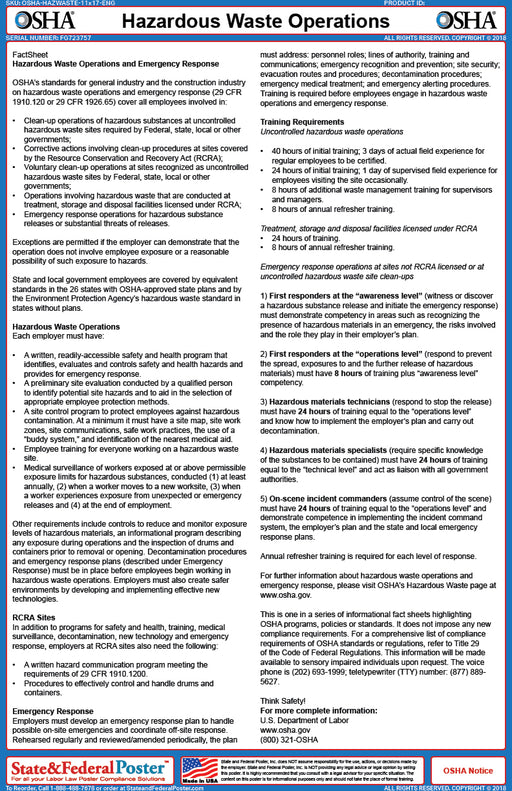 OSHA Hazardous Waste Operations Fact Sheet - State and Federal Poster
