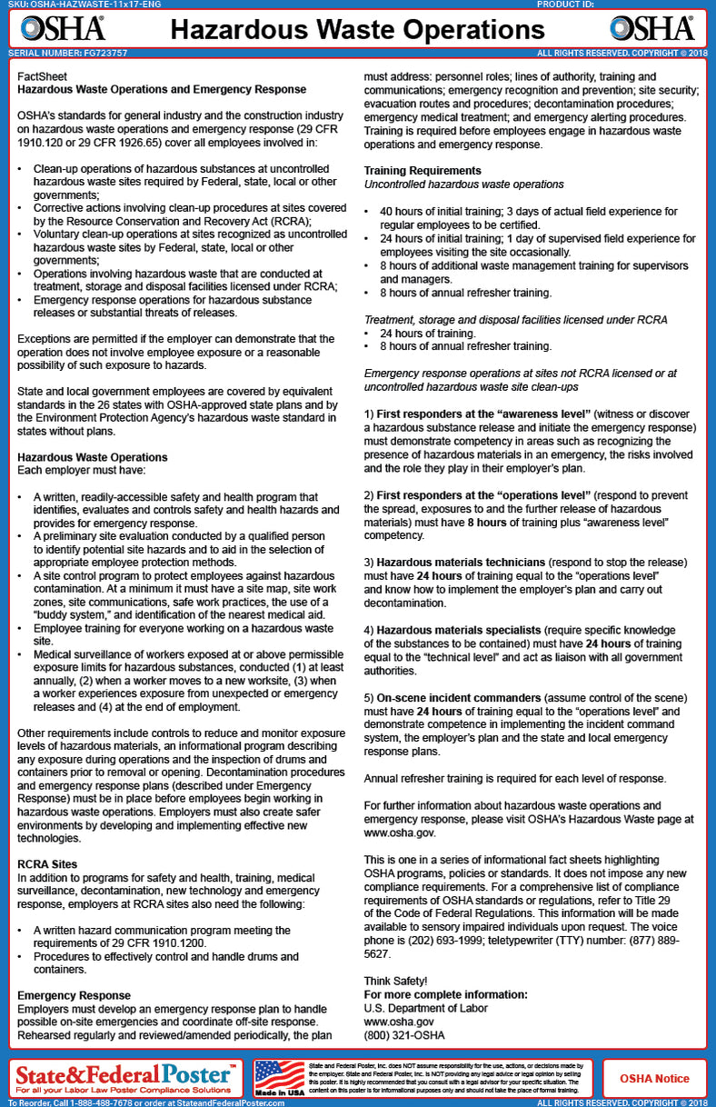 OSHA Hazardous Waste Operations Fact Sheet State And Federal Poster Osha hazardous waste operations fact sheet state and federal poster