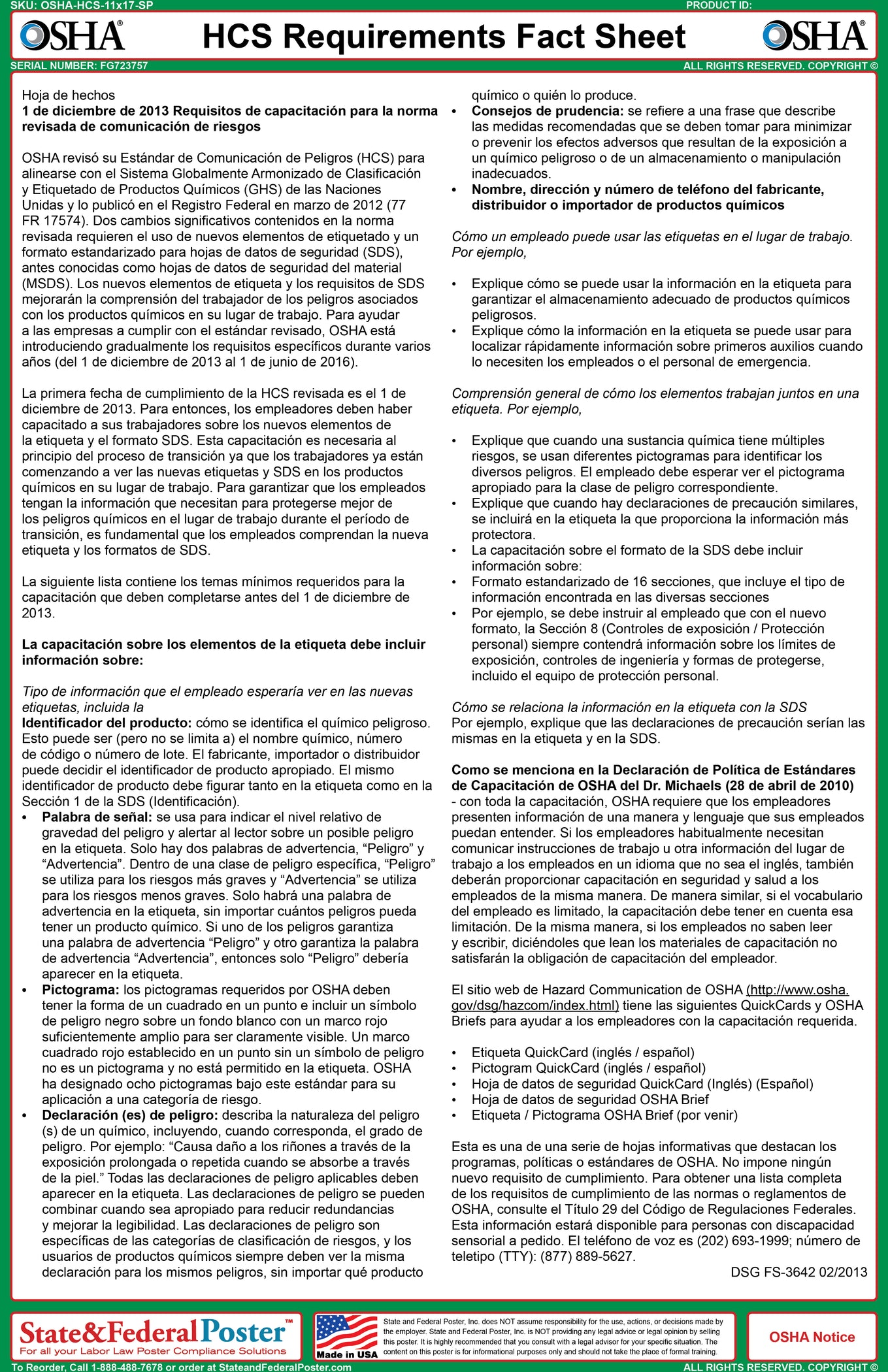OSHA HCS Requirements Fact Sheet — State and Federal Poster