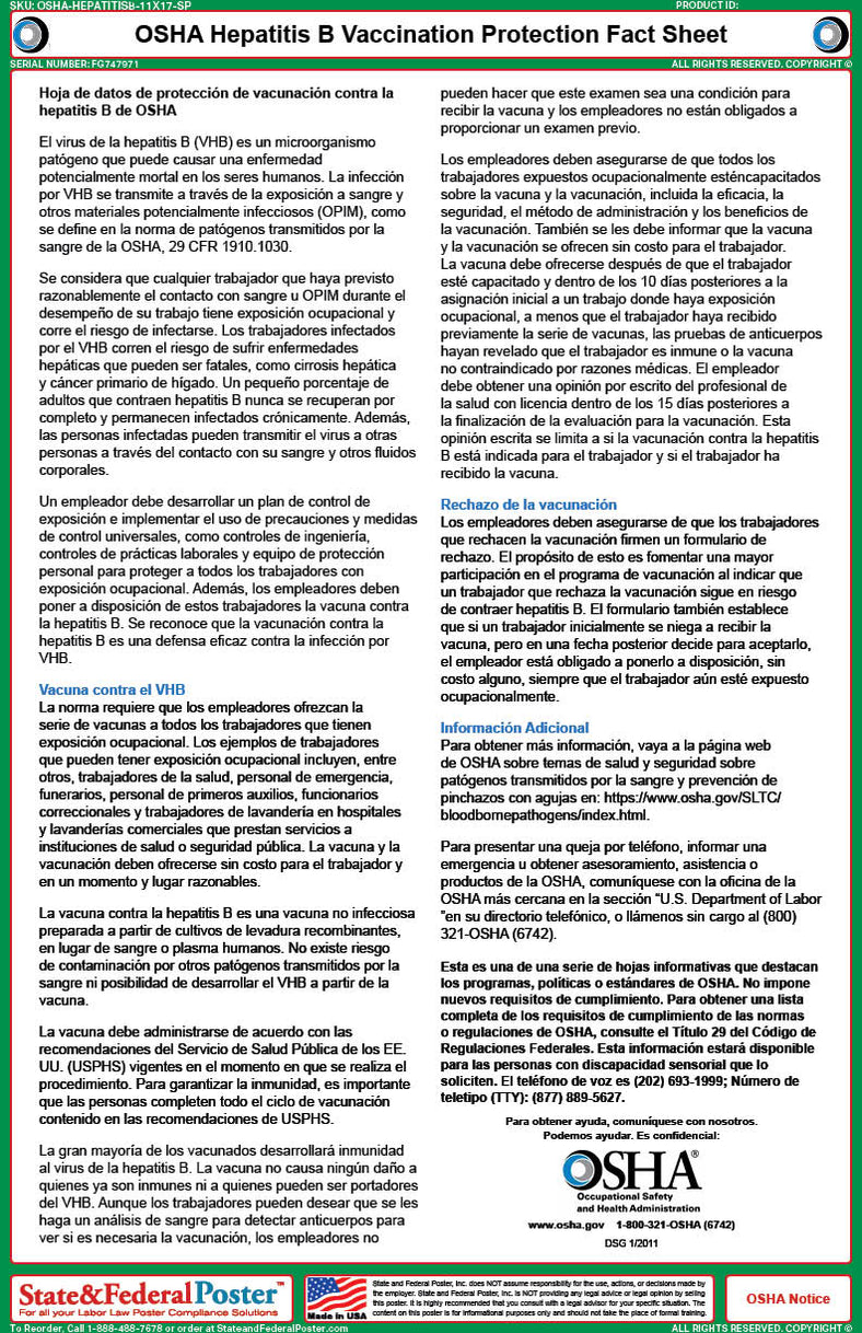 OSHA Hepatitis B Vaccination Protection Fact Sheet — State and Federal
