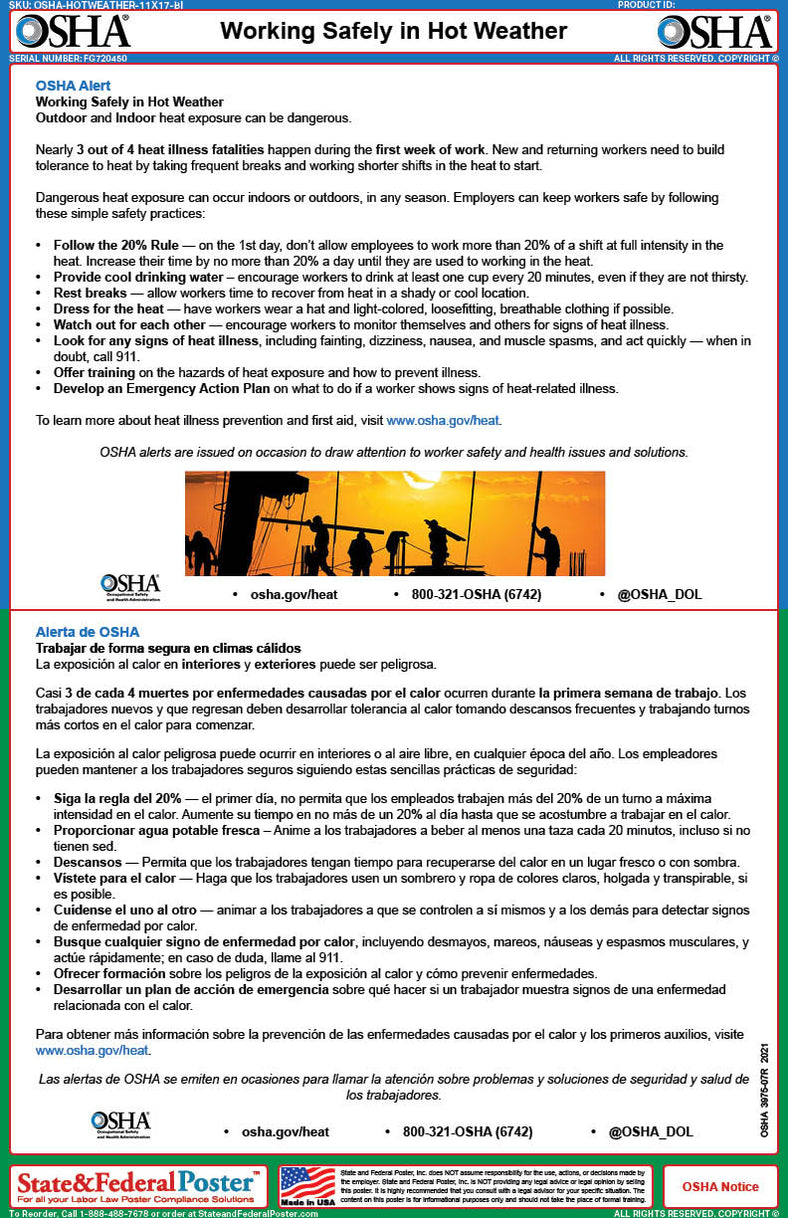 OSHA Working Safely In Hot Weather Fact Sheet State And Federal Poster Osha working safely in hot weather fact sheet state and federal poster