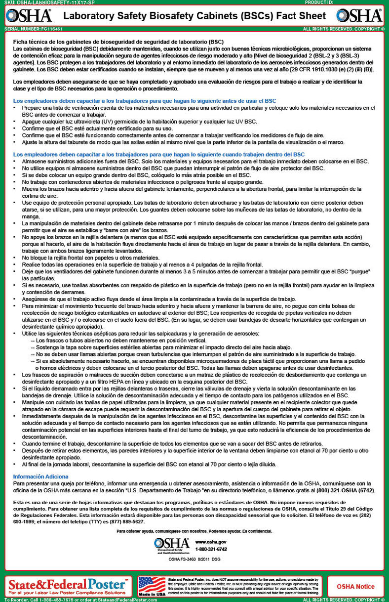 OSHA Laboratory Safety Biosafety (BSCs) Fact Sheet — State and