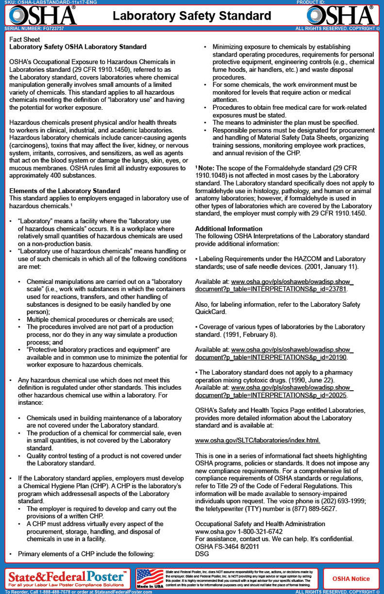 OSHA Laboratory Safety Standard Fact Sheet — State and Federal Poster