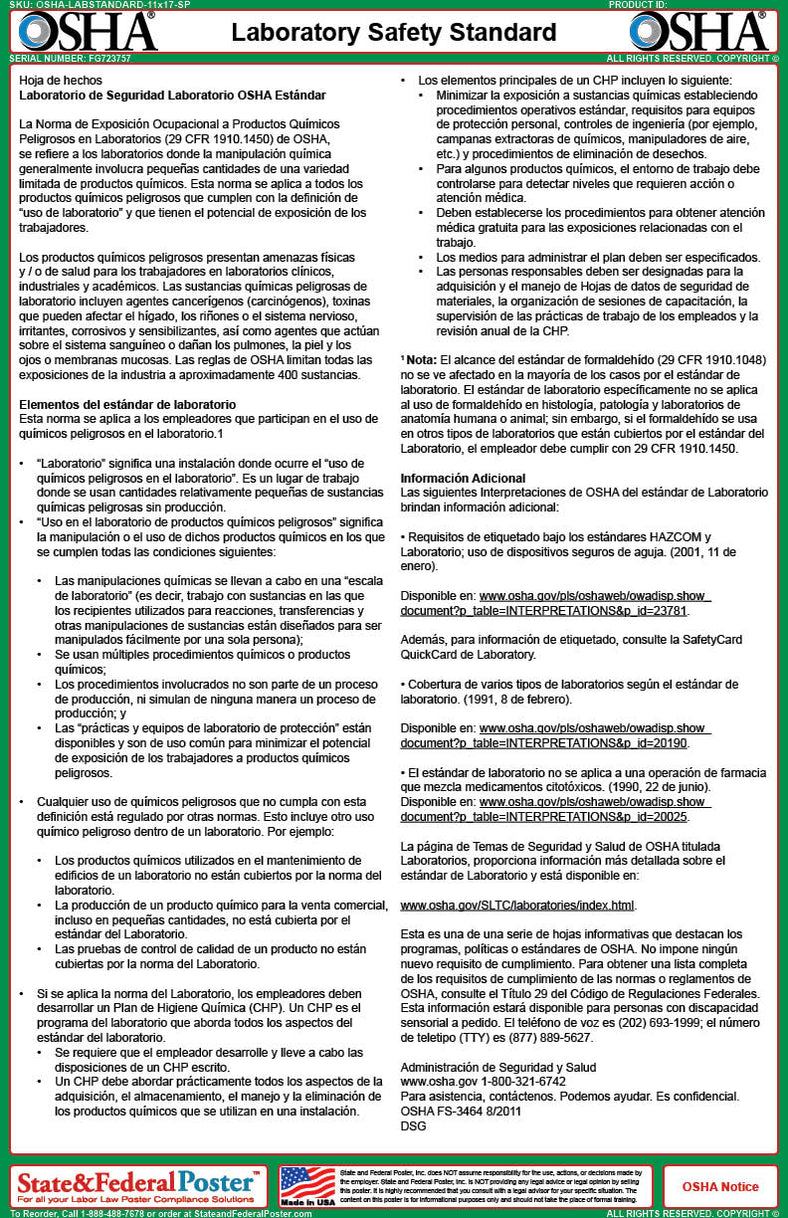OSHA Laboratory Safety Standard Fact Sheet — State and Federal Poster