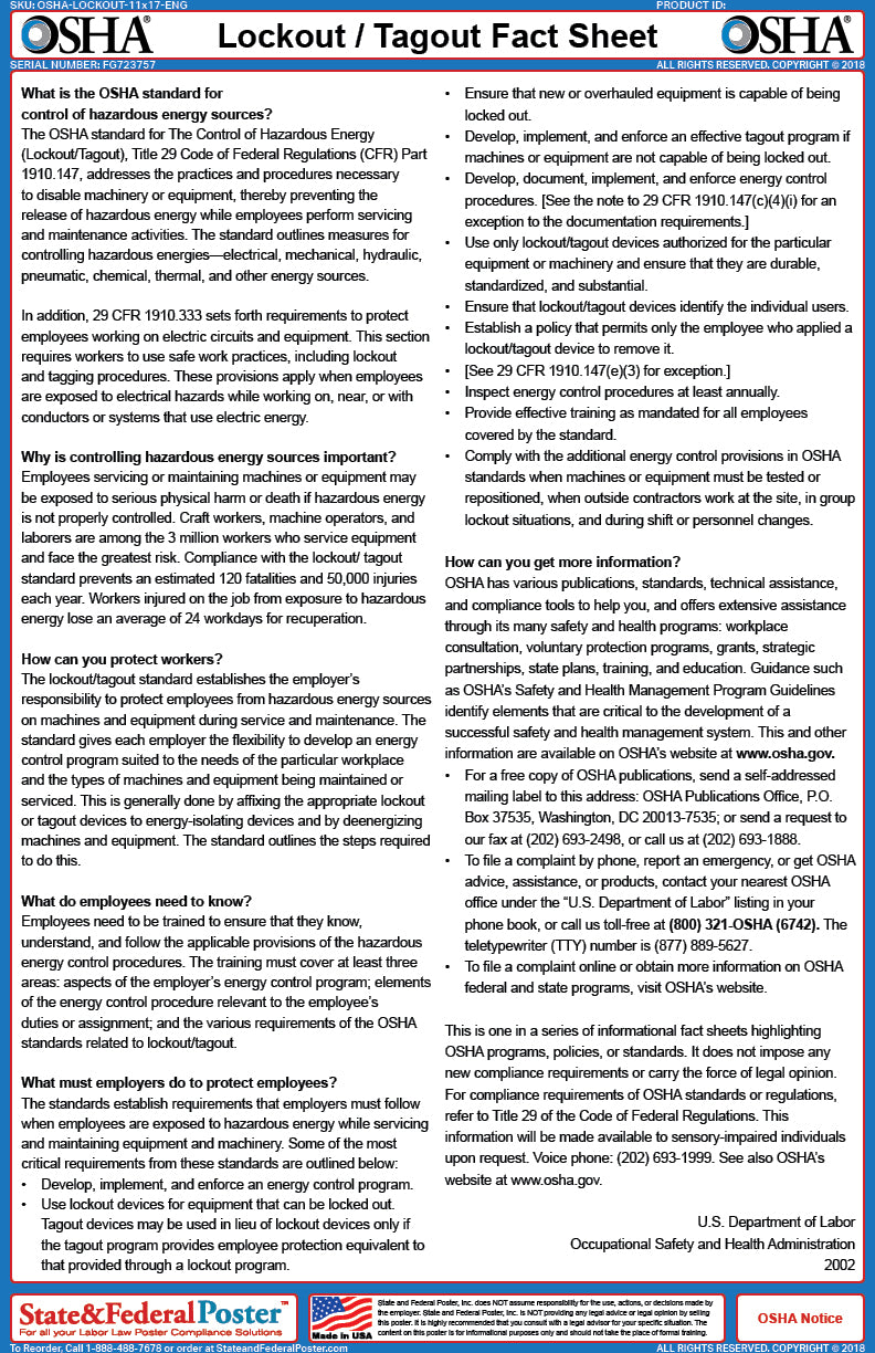 OSHA Lockout/Tagout Fact Sheet — State and Federal Poster