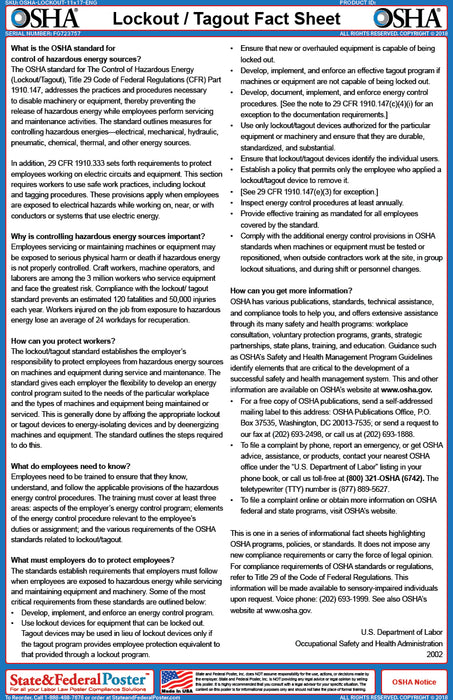 OSHA Lockout/Tagout Fact Sheet — State and Federal Poster