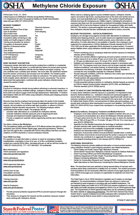 OSHA Methylene Chloride Exposure Fact Sheet - State and Federal Poster