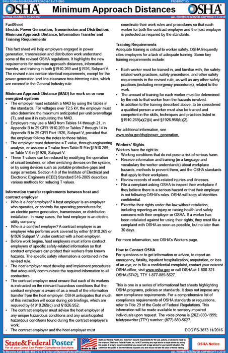 OSHA Minimum Approach Distances Fact Sheet — State and Federal Poster