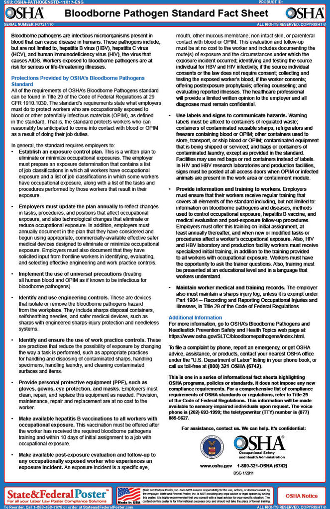 OSHA Bloodborne Pathogen Standard Fact Sheet — State and Federal