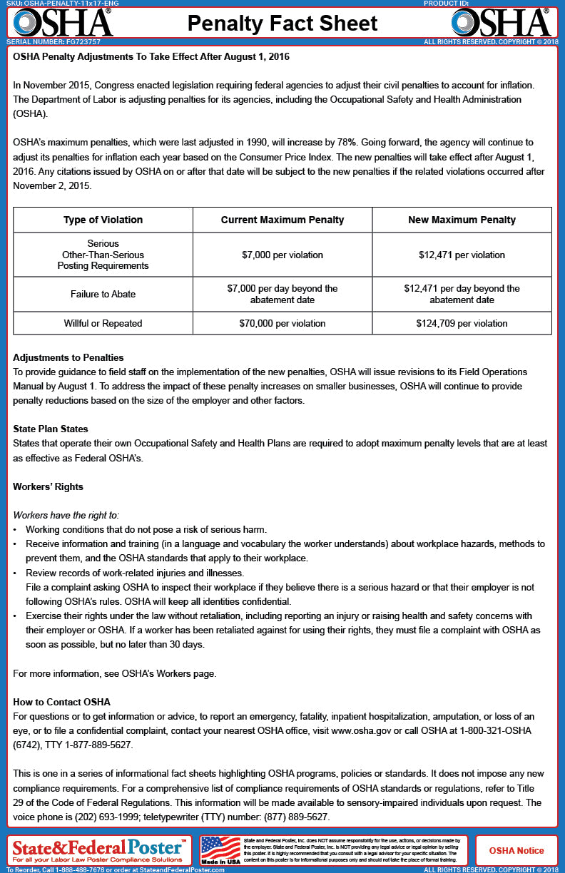OSHA Penalty Fact Sheet — State and Federal Poster