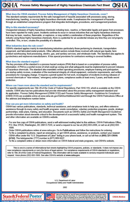 OSHA Process Safety Management of Highly Hazardous Chemicals Fact Sheet