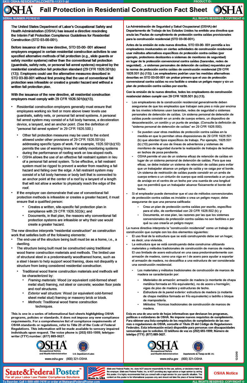 OSHA Fall Protection in Residential Construction Fact Sheet — State and