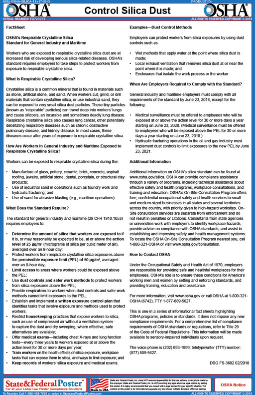 OSHA Control Silica Dust Fact Sheet - State and Federal Poster