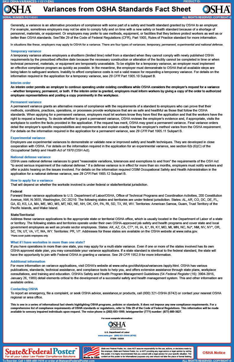 OSHA Variances from OSHA Standards Fact Sheet — State and Federal Poster