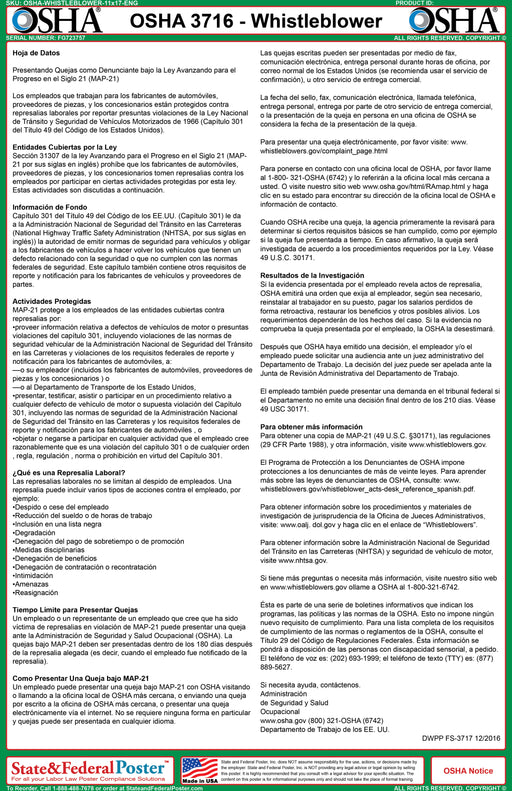 OSHA Filing Whistleblower Complaints Under the Moving Ahead for Progress in the 21st Century Act (MAP-21) Fact Sheet - State and Federal Poster