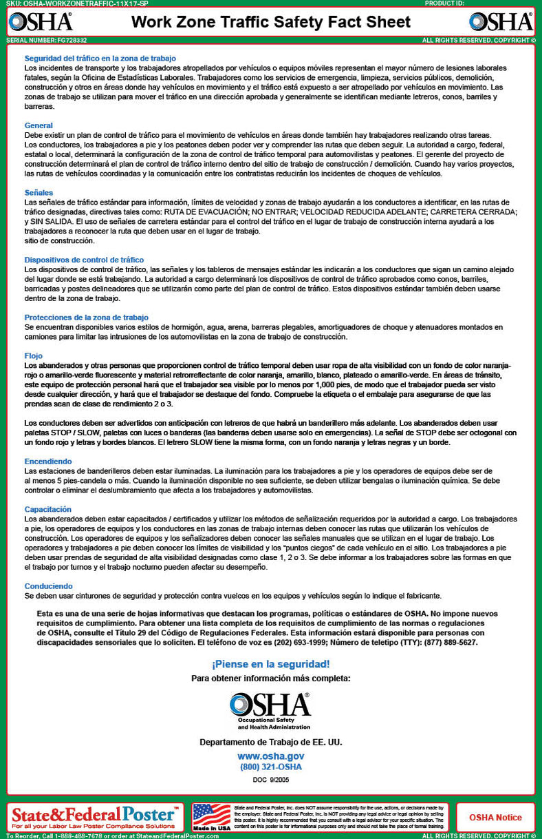 OSHA Work Zone Traffic Safety Fact Sheet — State and Federal Poster