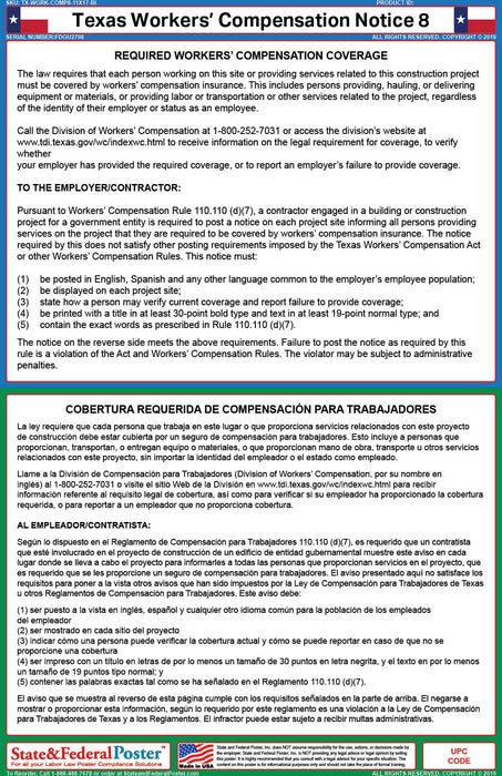 Texas Workers' Compensation Notice 8 (Bilingual) - State and Federal Poster