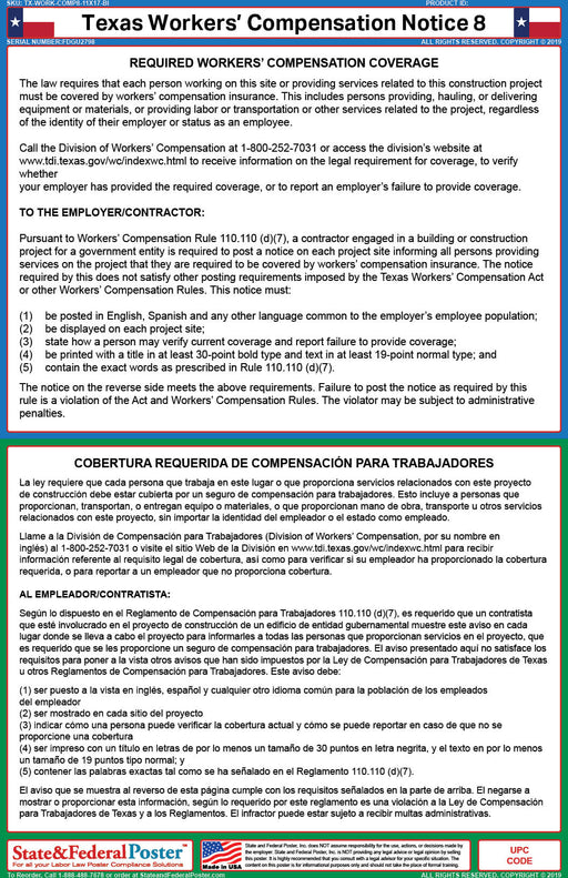 Texas Workers' Compensation Notice 8 (Bilingual) - State and Federal Poster