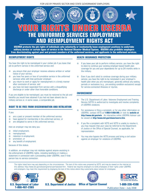 Uniformed Services Employment And Reemployment Rights Act (USERRA) - State and Federal Poster