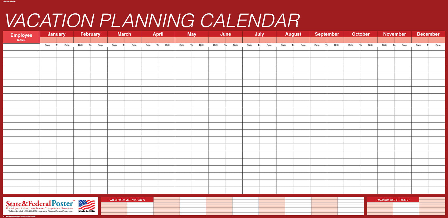 Undated Vacation Planning Calendar 40x20 - Horizontal Red