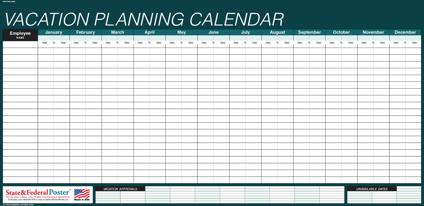 Undated Vacation Planning Calendar 40x20 - Horizontal Teal