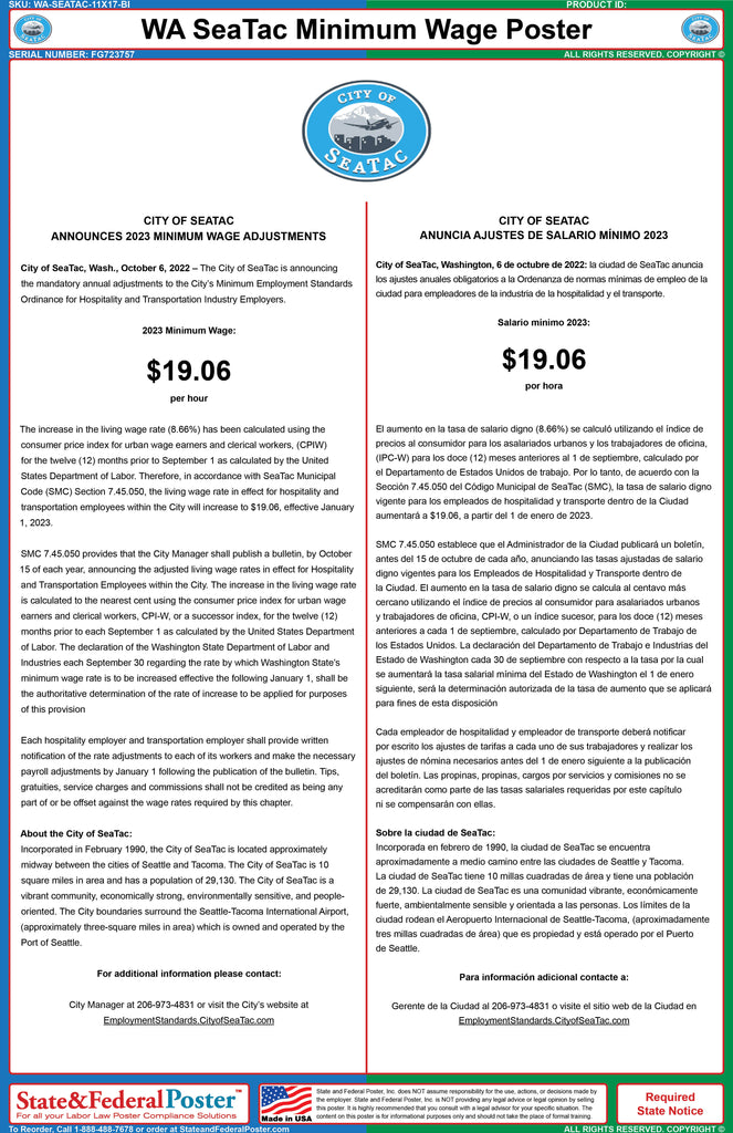 SeaTac, Washington Minimum Wage Poster (Bilingual) — State and Federal  Poster