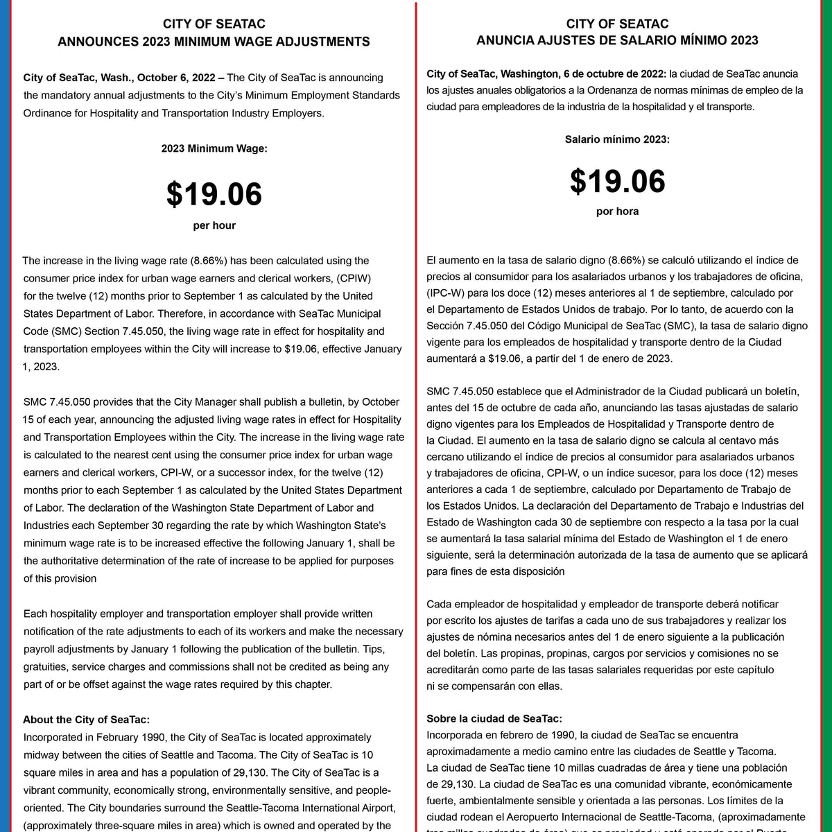 SeaTac, Washington Minimum Wage Poster (Bilingual) — State and Federal  Poster